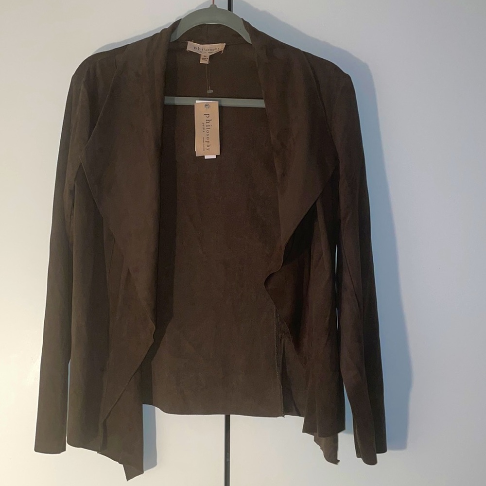 philosophy (NWT) dark olive faux leather suede open cardigan for women. Size PL.